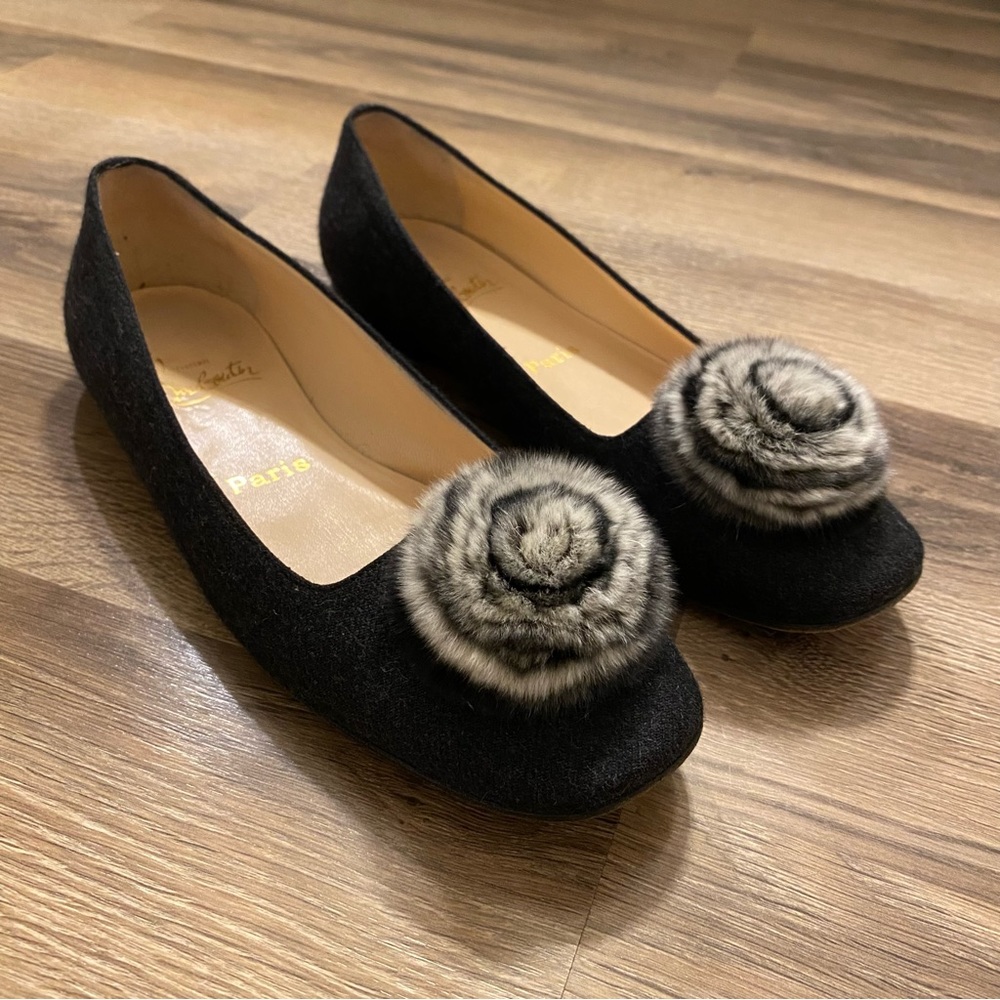 Christian Louboutin Black Flats with Gray Fur Rosette